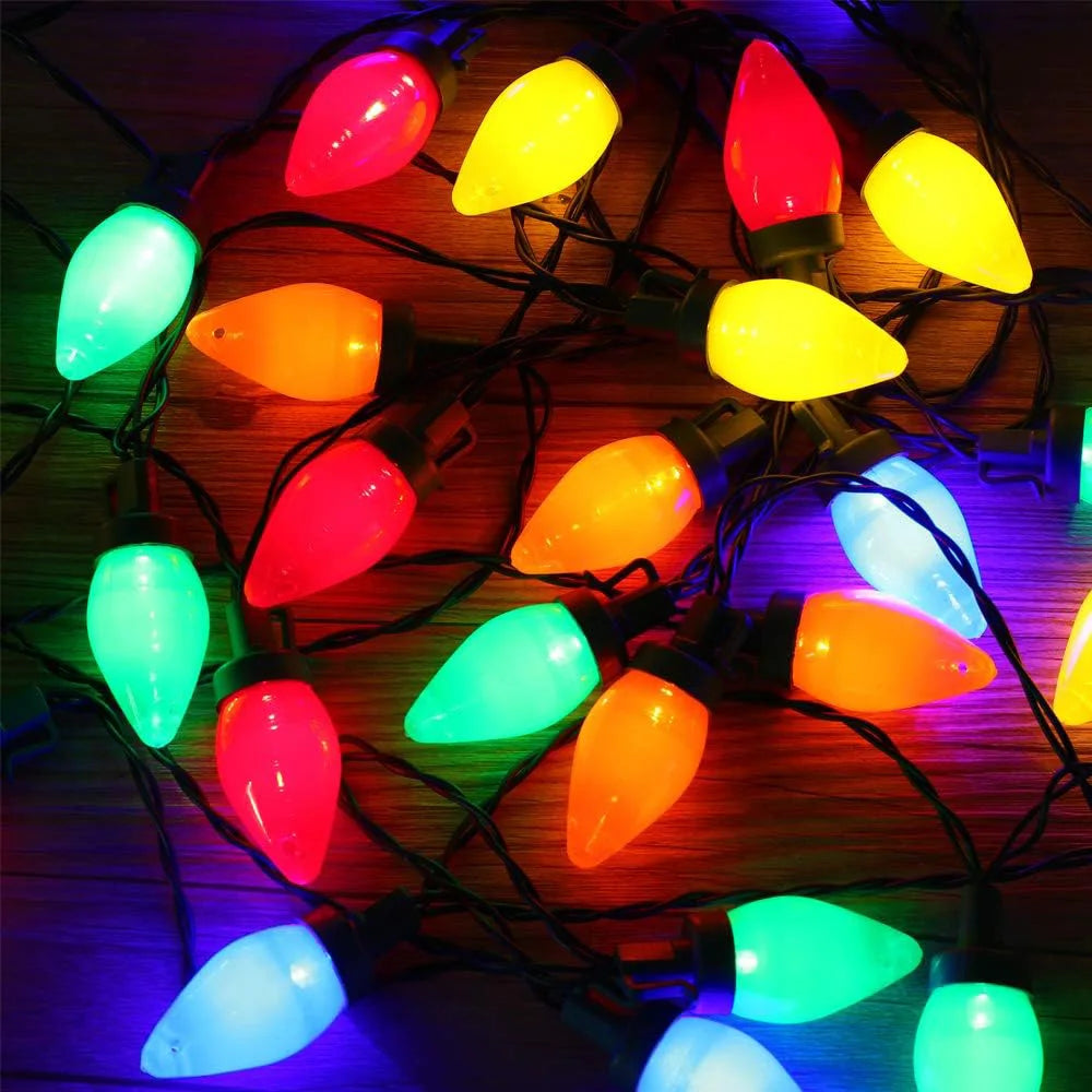 Battery C7 Bulbs Christmas String Lights Remote Control LED Strawberry Garland Fairy Lights Outdoor Lighting Xmas Tree Decor