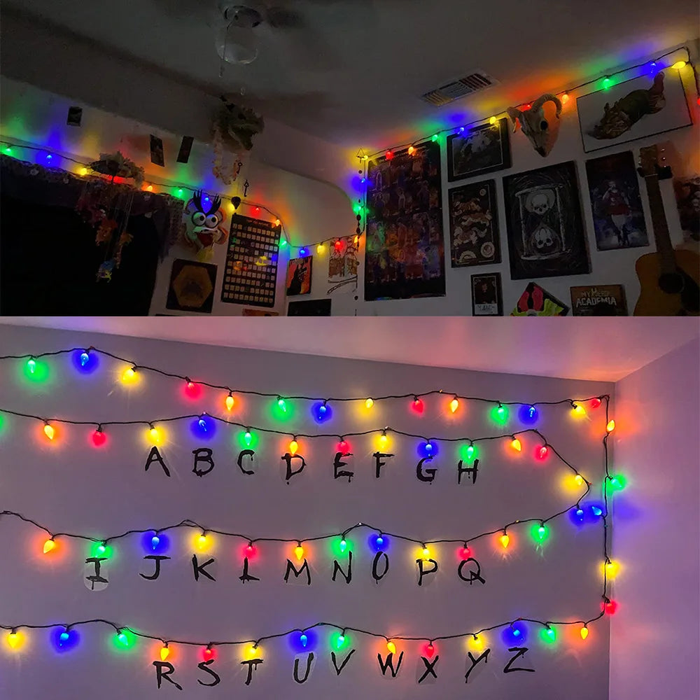 Battery C7 Bulbs Christmas String Lights Remote Control LED Strawberry Garland Fairy Lights Outdoor Lighting Xmas Tree Decor