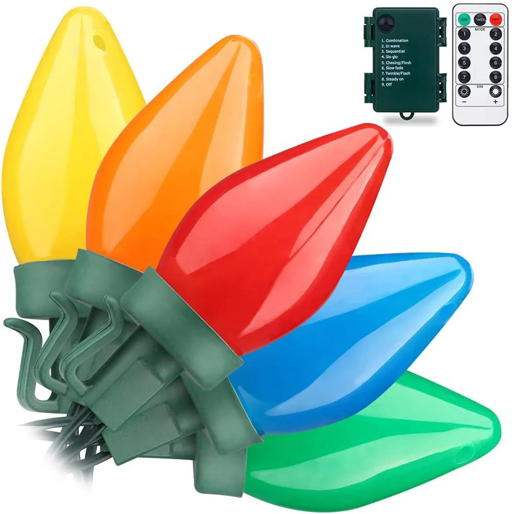 Battery C7 Bulbs Christmas String Lights Remote Control LED Strawberry Garland Fairy Lights Outdoor Lighting Xmas Tree Decor