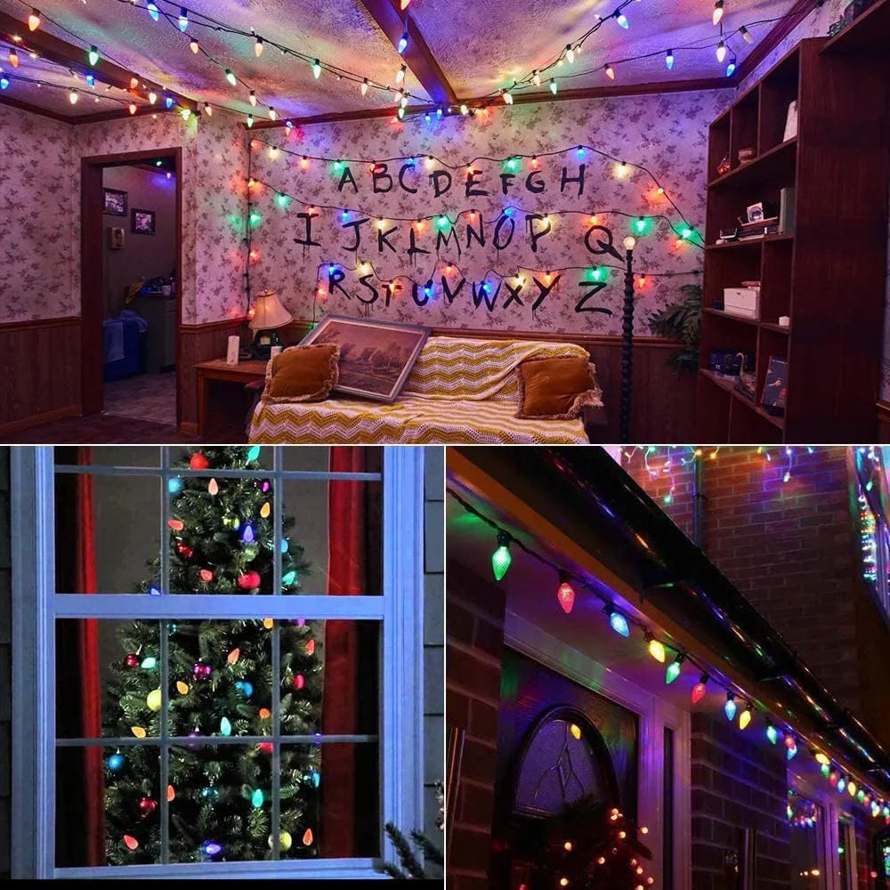 Battery C7 Bulbs Christmas String Lights Remote Control LED Strawberry Garland Fairy Lights Outdoor Lighting Xmas Tree Decor