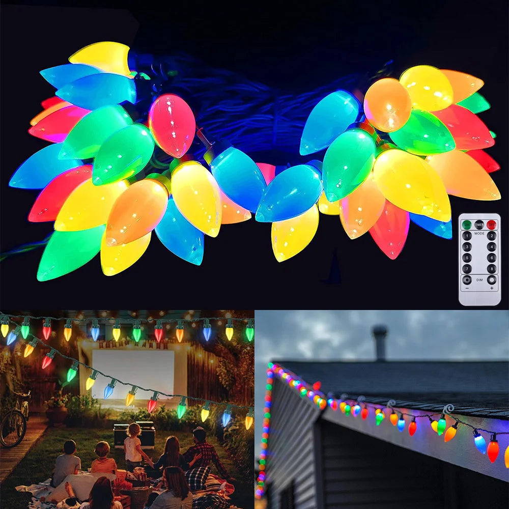 Battery C7 Bulbs Christmas String Lights Remote Control LED Strawberry Garland Fairy Lights Outdoor Lighting Xmas Tree Decor